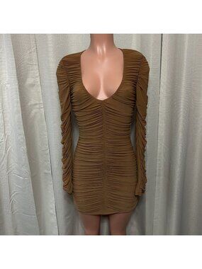 Ronny Kobo Julisa Ruched Long Sleeve Bodycon Mini Dress Women's Size M Latte NWT